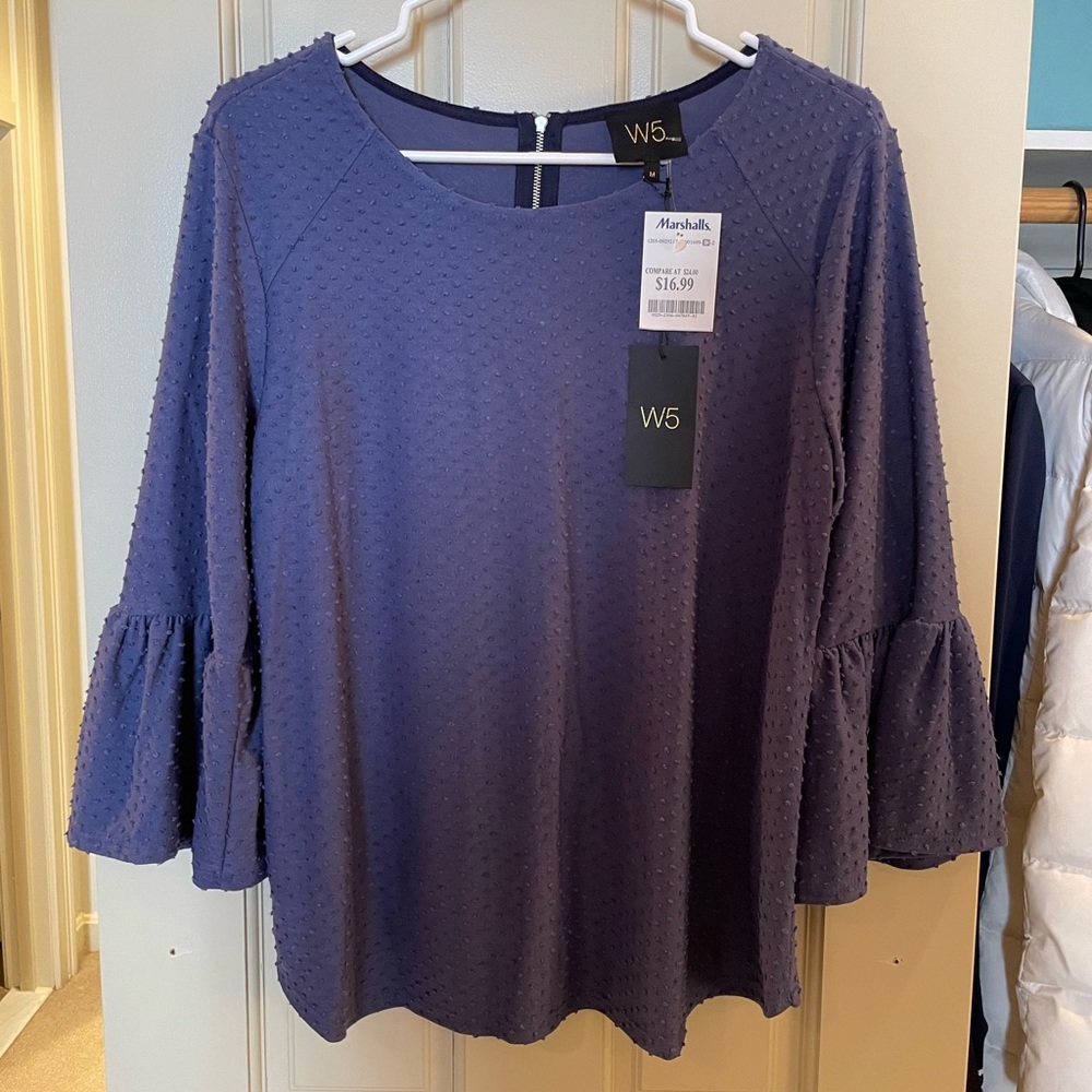 W5 ¾ sleeve blue dot shirt with bell sleeves, medium, NEW with tags